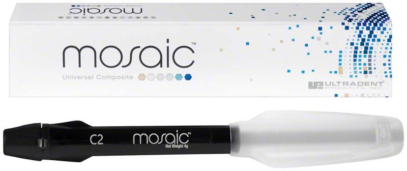 Mosaic™ Spritzen C2 mit Verpackung und Farbskala im Hintergrund