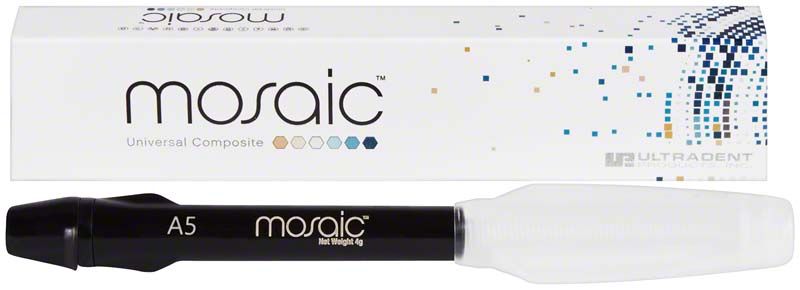 Mosaic™ Spritzen A5 vor Verpackung mit buntem Mosaikmuster.