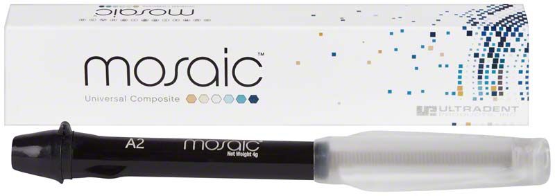 Mosaic™ Spritzen A2 vor Verpackung mit Mosaikmuster und Markenlogo.