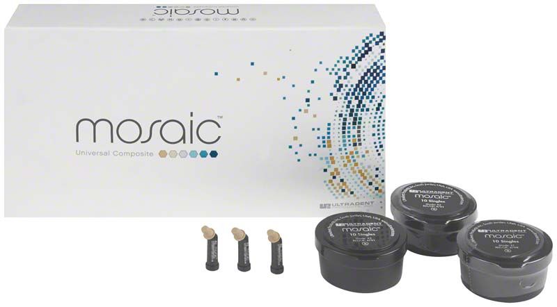 Mosaic™ Singles Intro Kit mit Kompositfüllungsmaterial und Zubehör in weißer Verpackung.