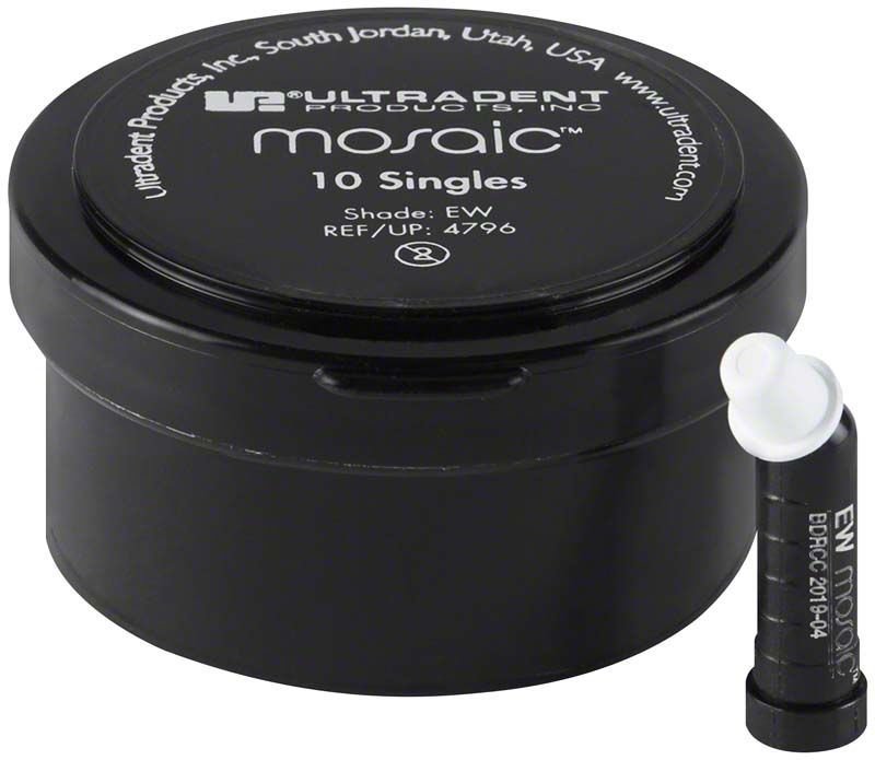 Schwarze Dose mit Mosaic™ Singles Enamel White Zahnersatzmaterial.
