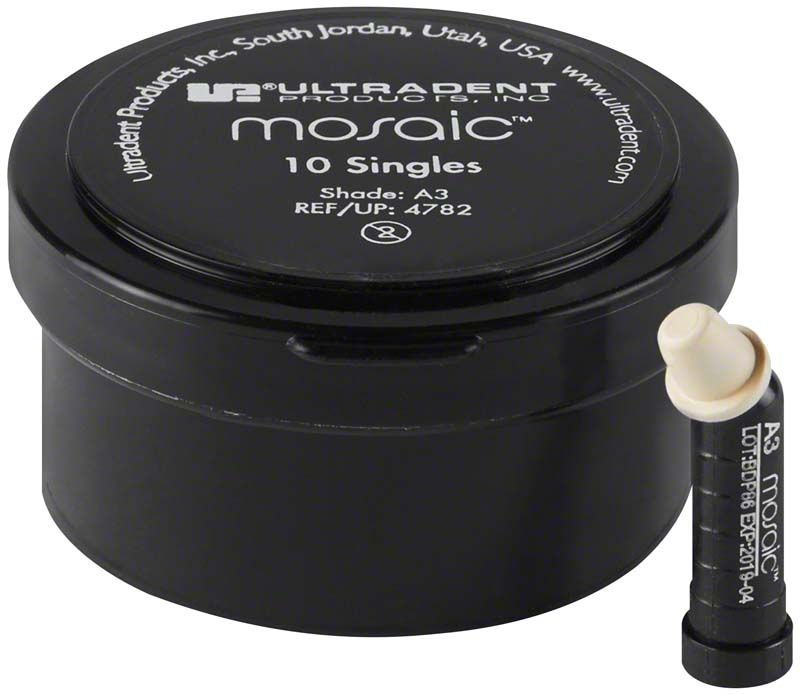 Schwarze Verpackung mit Aufschrift "Mosaic A3 10 Singles" und Einzeldose.