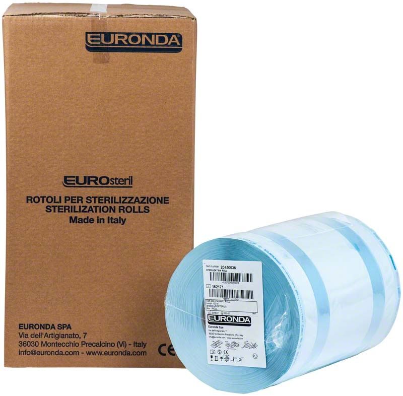 Eurosteril Sterilisationsverpackung Rolle mit Etikett und Verpackungskarton.
