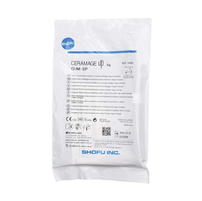 Verpackung von Ceramage Up Gum-SP Verblendkunststoff, 5g, mit Produktinformationen.