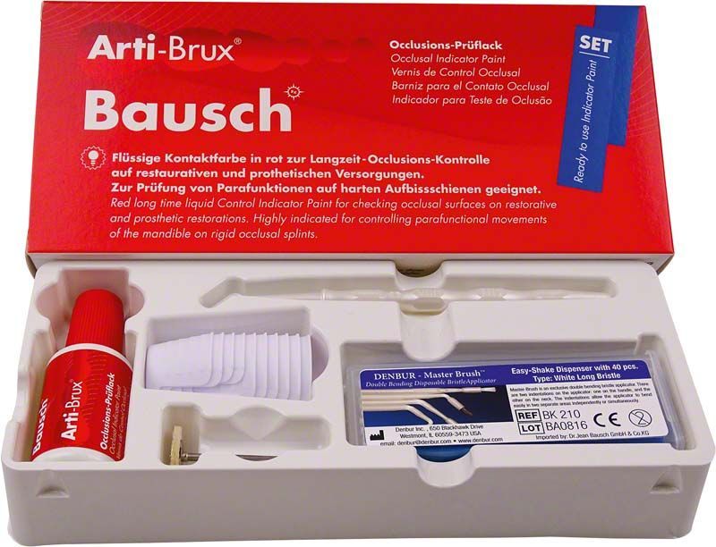 Arti-Brux Set mit Occlusions-Prüflack und Zubehör in geöffneter Verpackung