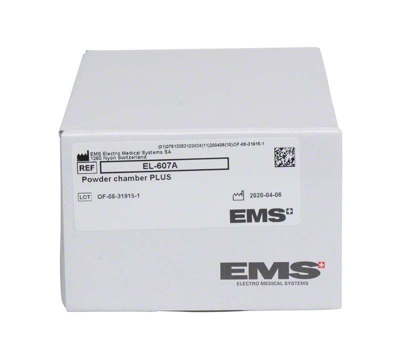 Weiße Verpackung der AIRFLOW® Pulverkammer PLUS von EMS für Dentalhygiene.