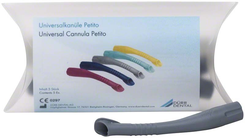 Universalkanüle Petito in grau mit Verpackung und Produktinformationen.