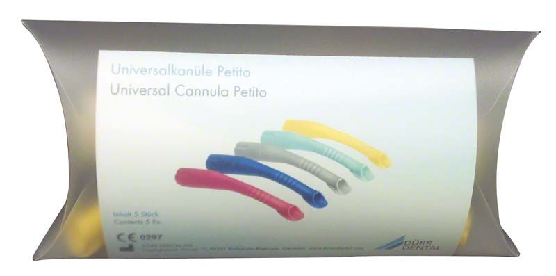 Universalkanülen Petito in gelber Verpackung mit fünf farbigen Kanülen.