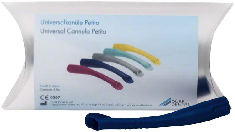 Universalkanüle Petito in Blau mit Verpackung und fünf Farbvarianten.