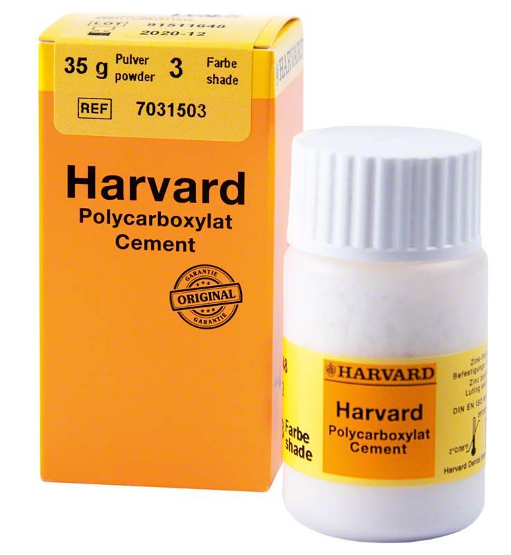 Harvard Polycarboxylat Cement Pulver 35g mit Verpackung in Gelb.
