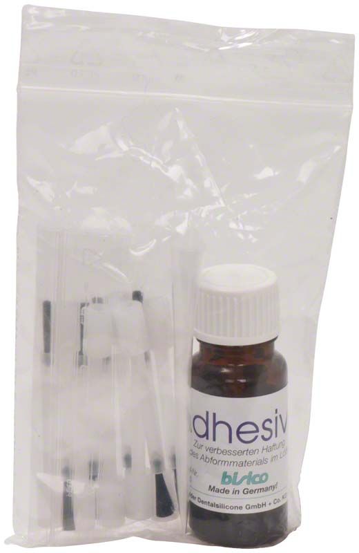 Adhäsiv-Flasche mit Pinselapplikatoren in transparentem Beutel.