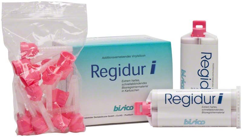 Regidur® i Silikonmaterial mit Verpackung und Aufsatzdüsen für Bissregistrierung.