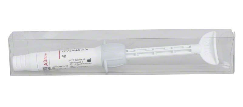 Produktansicht der VITA VM® LC flow BASE DENTINE A3 Spritze in transparenter Verpackung.