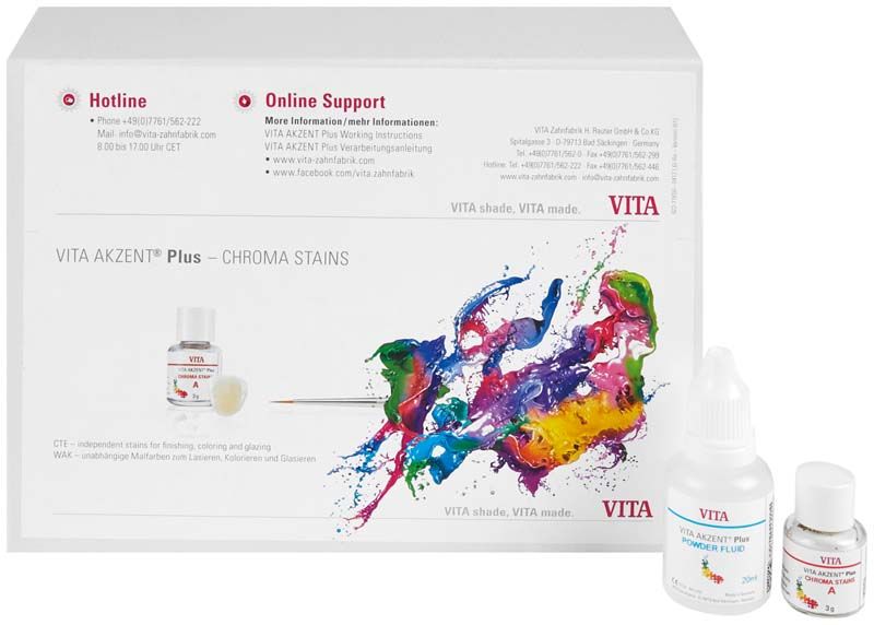VITA AKZENT® Plus CHROMA STAINS Kit mit bunter Farbspritzengrafik und Fläschchen.