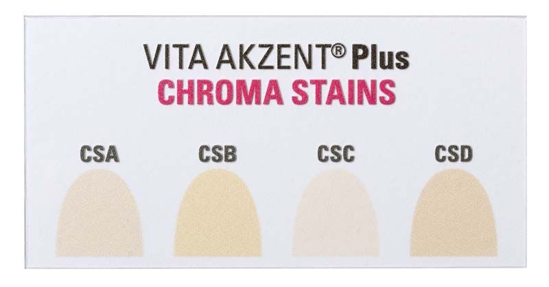 VITA AKZENT® Plus CHROMA STAINS Farbmuster mit vier Farbproben.
