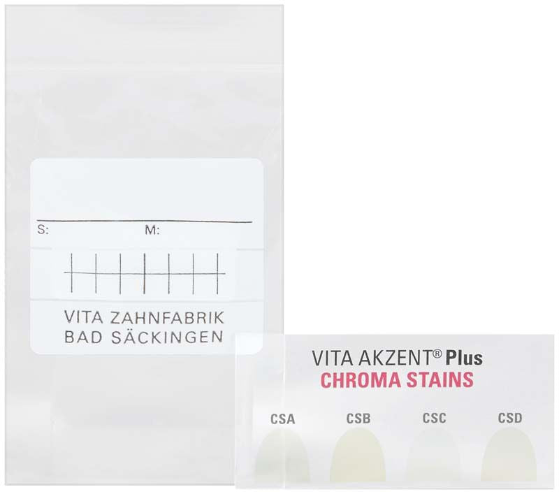 VITA AKZENT® Plus CHROMA STAINS mit Farbskala und Verpackungsetikett.