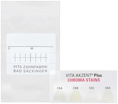 VITA AKZENT® Plus CHROMA STAINS mit Farbskala und Verpackungsetikett.
