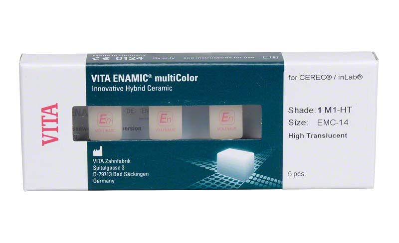 Verpackung von VITA ENAMIC® multiColor EMC-14 1M1-HT Zahnersatzmaterial.