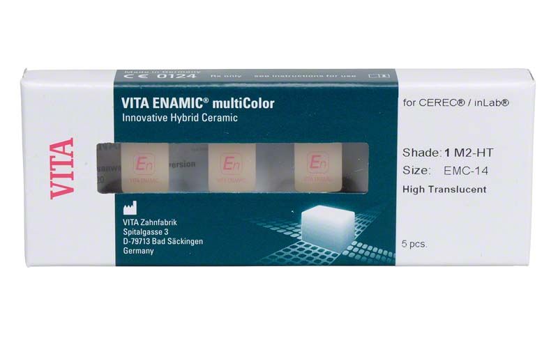 Verpackung der VITA ENAMIC® multiColor Dentalrohlinge mit Farbverlauf und Produktdetails.