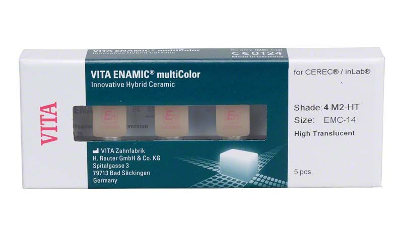 VITA ENAMIC® multiColor Rohlinge in Verpackung, ideal für Zahnrestaurationen.