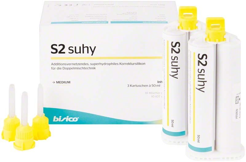 Additionsvernetzendes Korrektur-Silikon S2 suhy, 3 Kartuschen à 50 ml mit Mischdüsen.
