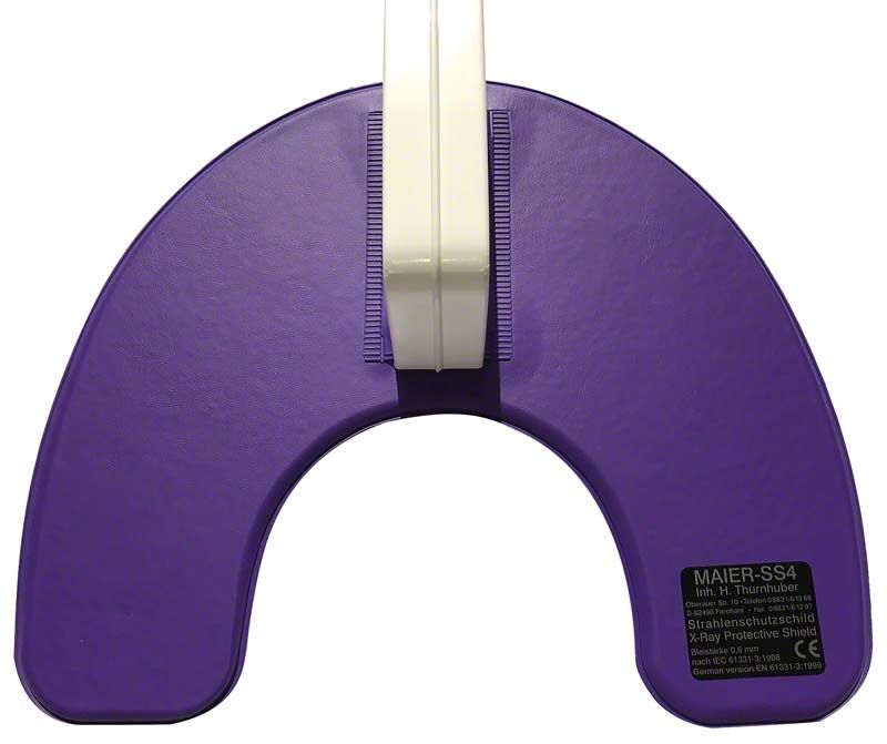 Strahlenschutzschild violett mit ergonomischem Griff und Bleieinlage.