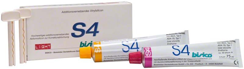 Hochwertiges A-Silikon Abformmaterial S4 Tuben mit Verpackung im Hintergrund.