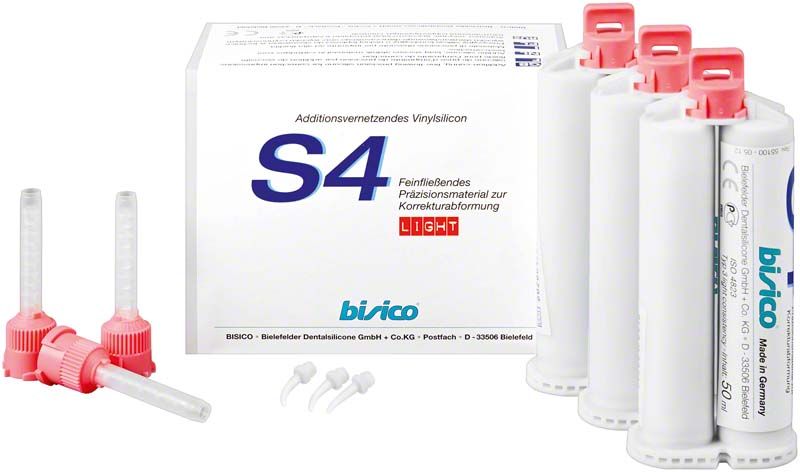 Additionsvernetzendes Vinylsilikon S4 mit Zubehör und Verpackung.