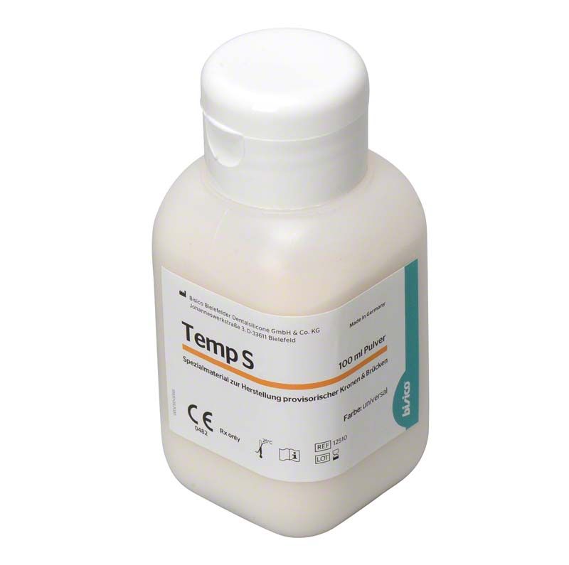 Temp S Flasche mit 100 ml Pulver für provisorische Kronen und Brücken.