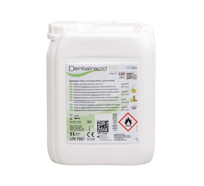 Dentalrapid® SD Flüssigkeit Zitrone Kanister 5 Liter mit Etikett und Warnsymbolen.