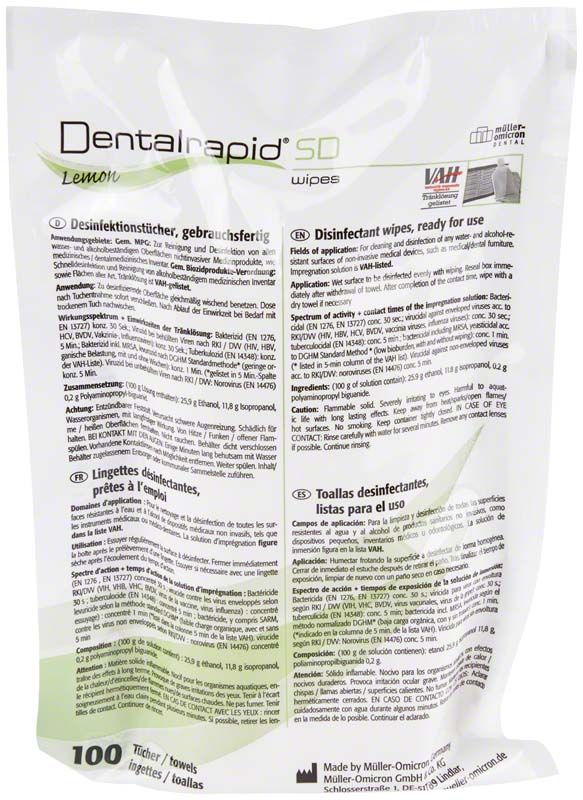Nachfüllbeutel der Dentalrapid® SD wipes S Lemon mit Produktinformationen.