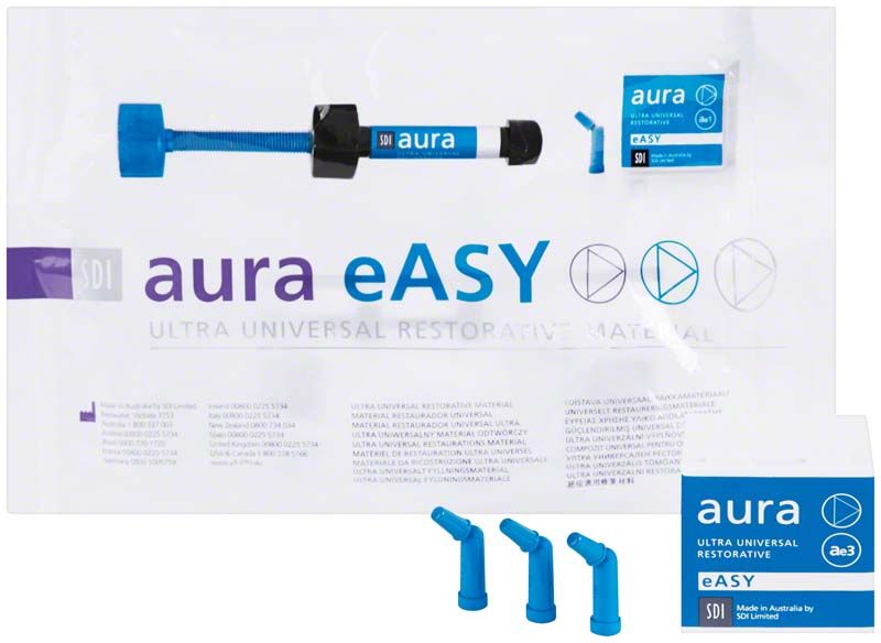 Aura eASY Spritze Ae4 mit blauer Spitze und Verpackung.