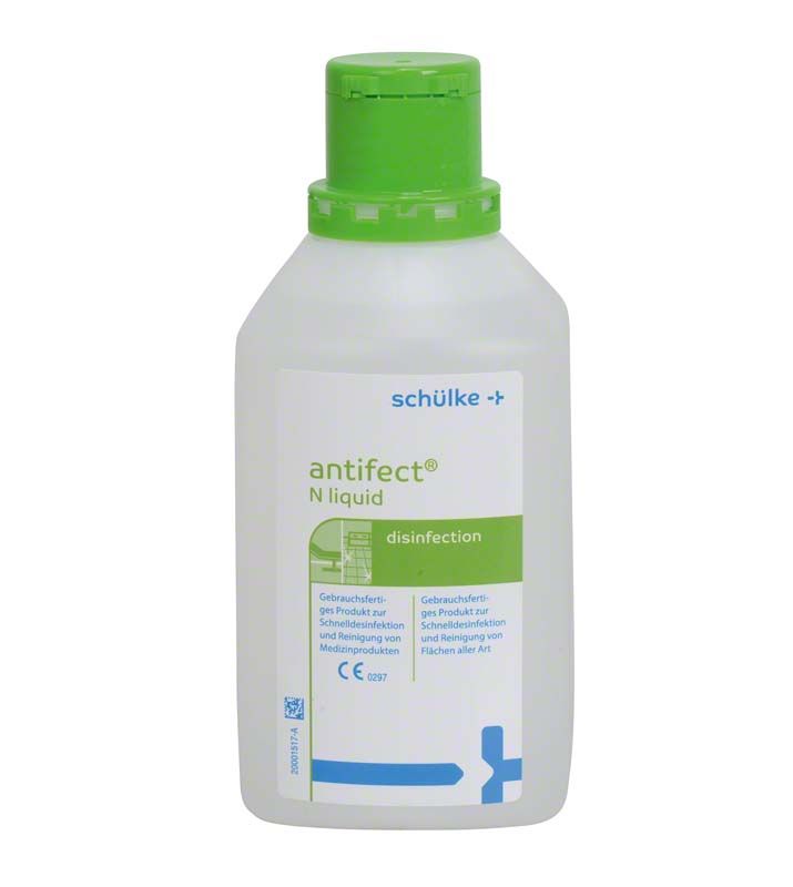 antifect® N liquid Flasche, 500 ml, mit grünem Verschluss und Etikett für Flächendesinfektion.