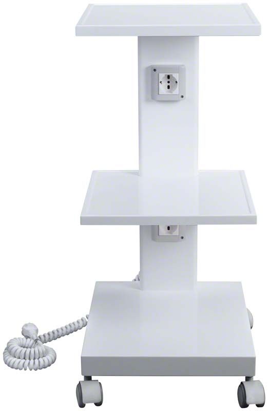 Medizinischer Gerätewagen mit drei Trays und zwei Universalsteckdosen.