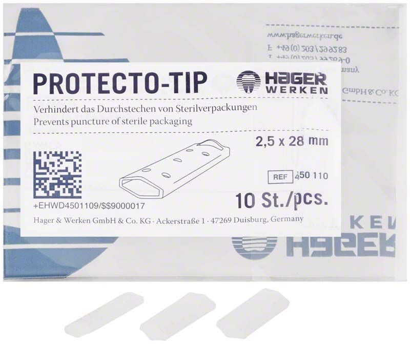 Schutzkappen "Protecto-Tip 2,5 x 28mm" in Verpackung mit Produktinformationen.