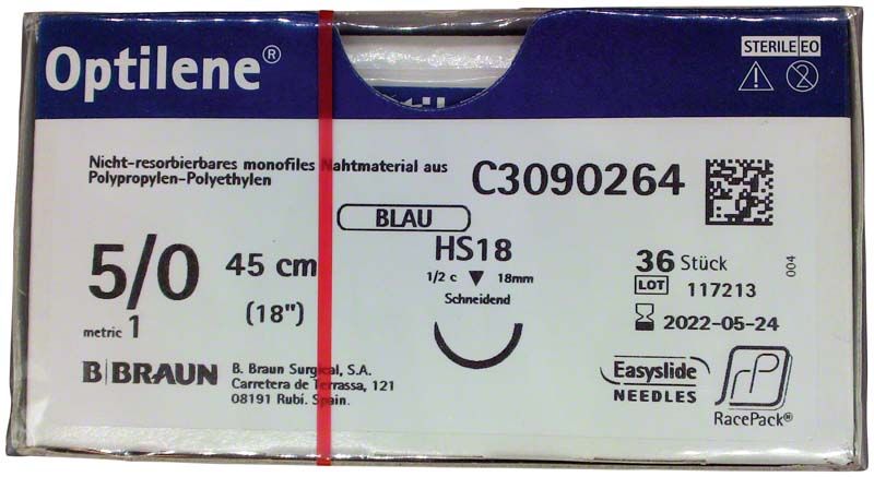 Optilene® Nahtmaterial, 45 cm, 5/0, HS18, in Originalverpackung.