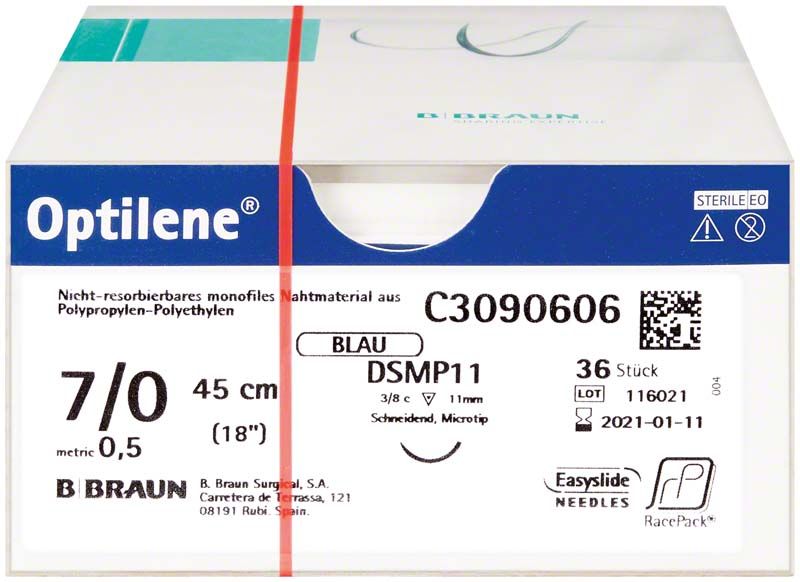 Optilene® Nahtmaterial 7/0, 45 cm, steril, in Originalverpackung.