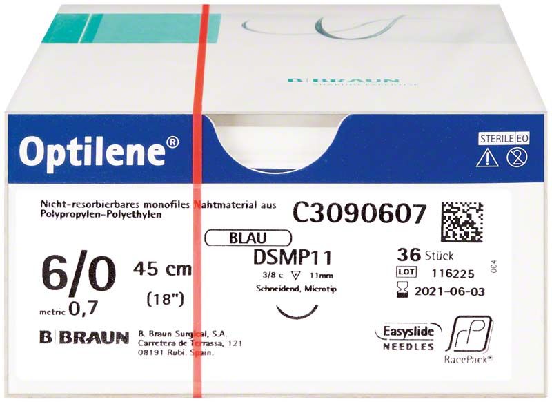 Optilene® Nahtmaterial 6/0, 45cm, sterile Verpackung, blau.