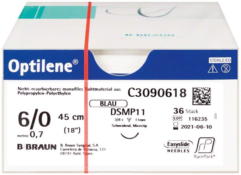 Optilene® Nahtmaterial 6/0, 45cm, sterile Verpackung von B. Braun.
