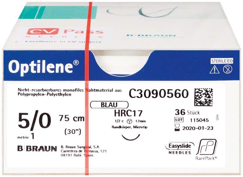 Optilene® Nahtmaterial 5/0, 75 cm, blau, sterile Verpackung.