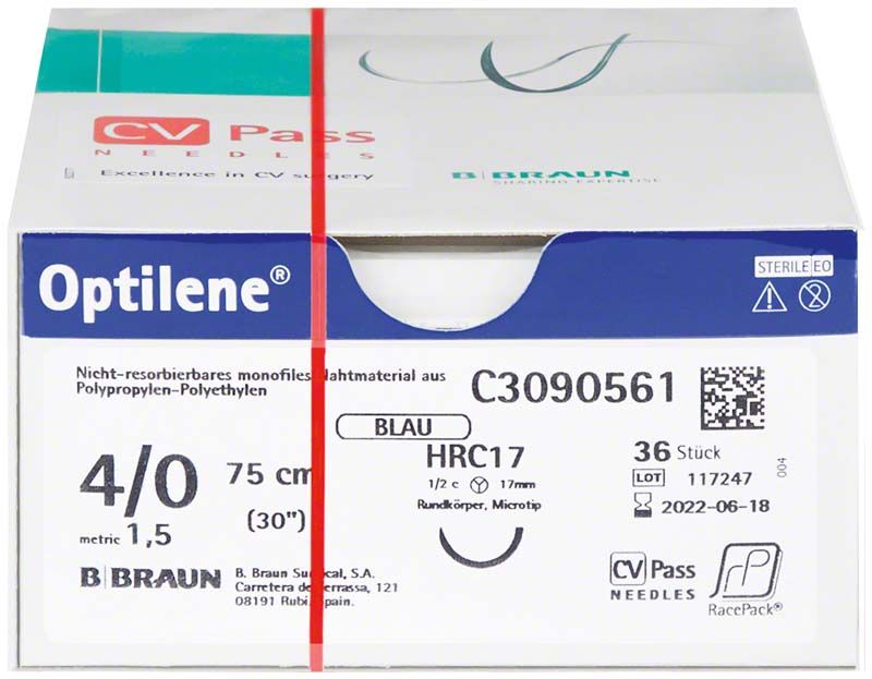 Optilene® chirurgisches Nahtmaterial, 75 cm, 4/0 Stärke, HRC17, 36 Stück.