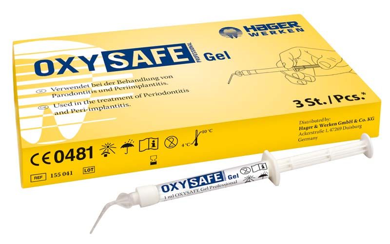 OXYSAFE Gel in Einwegspritze vor gelber Verpackung mit Aufschrift.