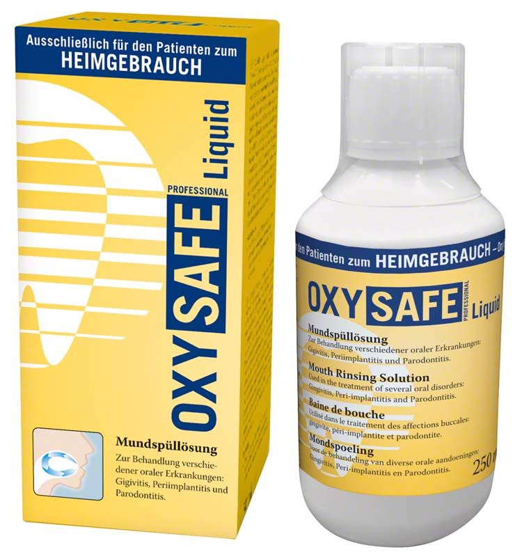 OXYSAFE Liquid Mundspülung zur Parodontitistherapie mit Flasche und Verpackung.