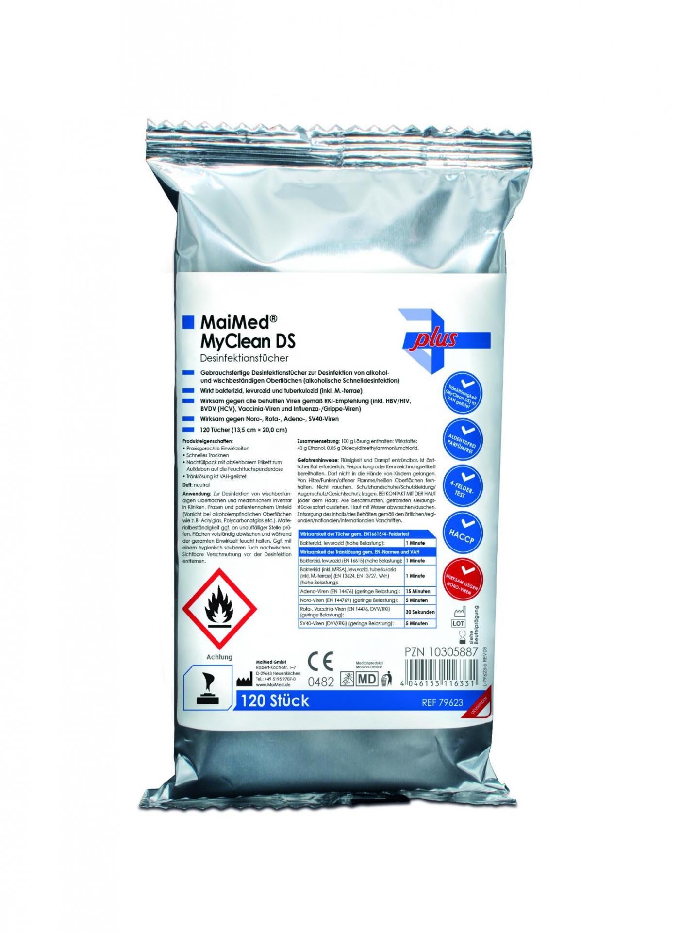 MyClean DS Desinfektionstücher Nachfüllpack, 120 Stück, silberne Verpackung.