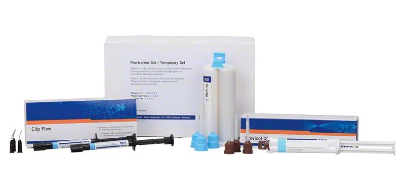 Provisorien Set mit Zahnfüllungsmaterial und Befestigungszement für temporäre Versorgungen.