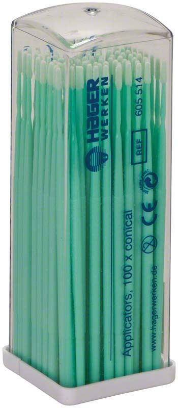 Applikationsstäbchen grün konisch in transparenter Spenderpackung, 100 Stück