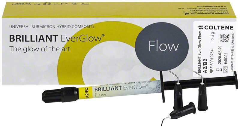 BRILLIANT EverGlow™ Flow A2/B2 Dental-Komposit mit Verpackung und Applikator.