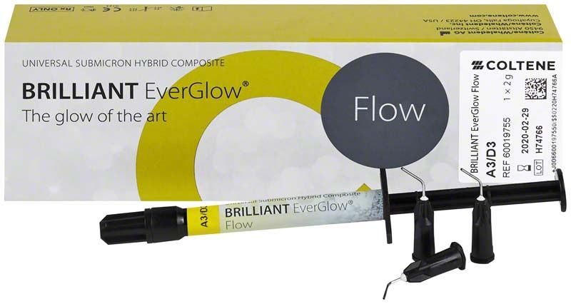 BRILLIANT EverGlow™ Flow A3/D3 Spritze vor Verpackung mit gelbem Design.