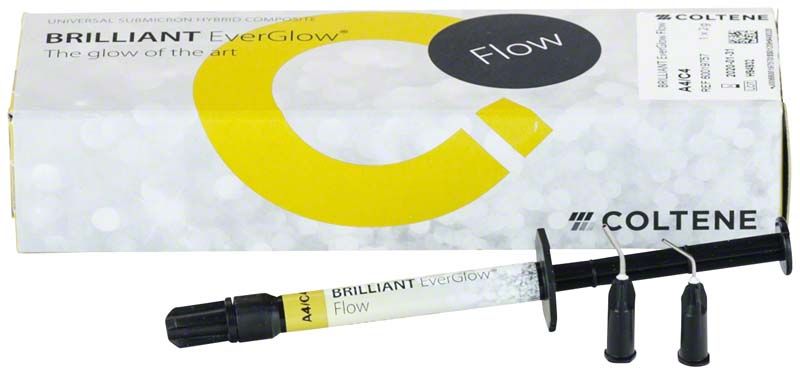 BRILLIANT EverGlow™ Flow A4/C4 Füllungsmaterial mit Spritze und Verpackung.