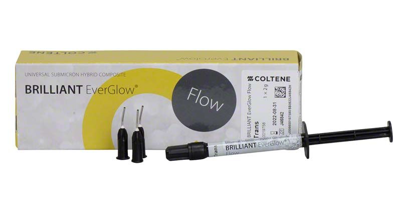 BRILLIANT EverGlow™ Flow Translucent Zahnarztkomposit mit Verpackung und Applikationsspritze.